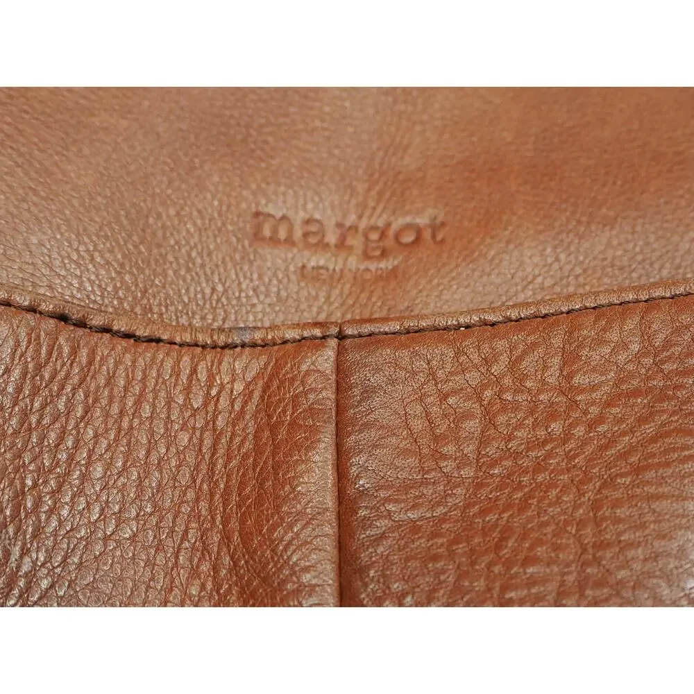 Margot New York Cognac Leather Triple Zip Crossbody Hobo Bag 12x13 Brown
